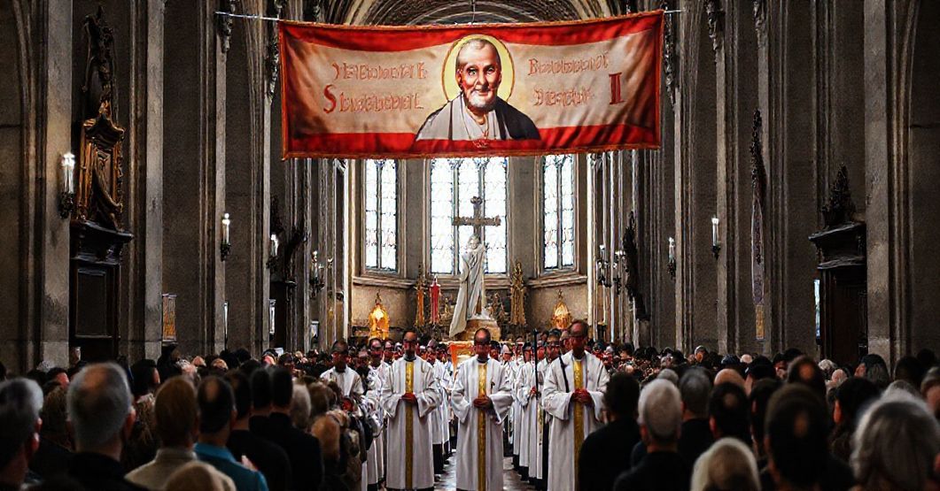 Pogrąbiona procesja katolicka w tradycyjnych szatach liturgicznych pod banerem z Janem Pawłem II, z rzeźbą "Bł. Jerzego Popiełuszki" i krzyżem w tle.