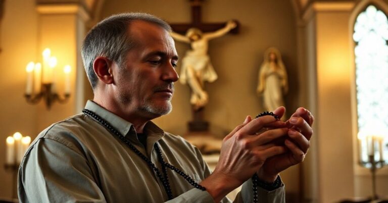 Kobieta modli się różańcem w tradycyjnym kościele katolickim przy świetle świec