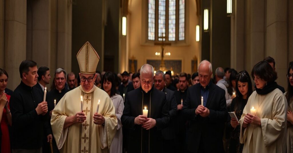 Pobożna procesja w tradycyjnym katolickim kościele w Gorzowie z liturgicznymi strojami i modlitwą za zmarłych biskupów.