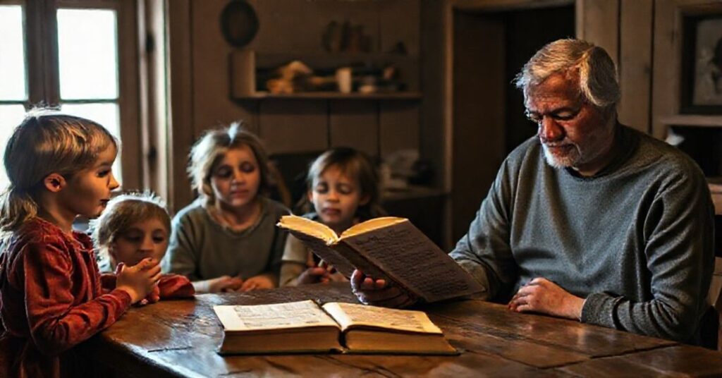 Pobożna katolicka rodzina modli się razem w swoim skromnym domu, podkreślając duchowe priorytety nad materializmem