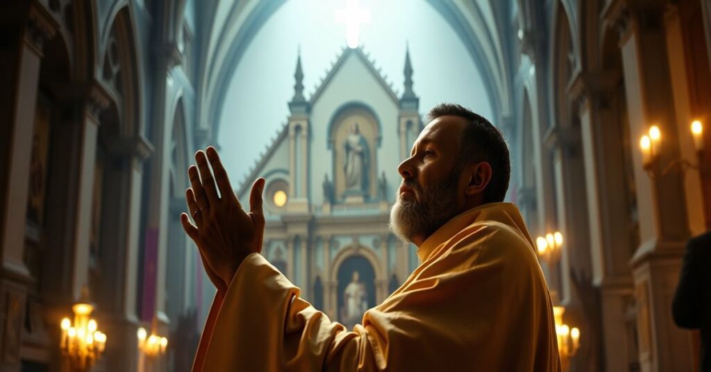 Tradycyjny katolicki obraz Wielkiego Postu przedstawiający Dom Prospera Guérangera w modlitwie przed Bazyliką św. Mary Major z widocznymi postaciami Mojżesza i Eliasza na tle