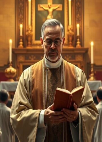 Pobożność bez Królestwa: Liturgiczny sentymentalizm Ksiądz w tradycyjnym ornacie celebrujący Mszę Świętą przed ołtarzem z hostią w monstrancji