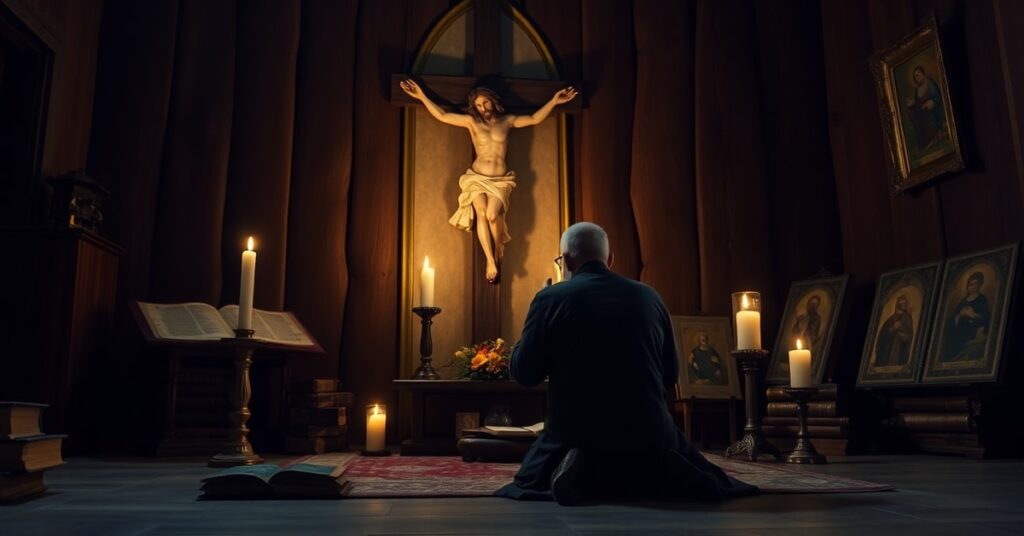 Pobożny katolicki wierny modli się przed krzyżem w tradycyjnej kaplicy, symbolizując opór wobec prześladowań religijnych.