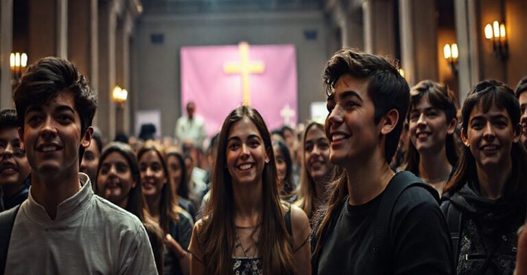 Młody ludzie durante wydarzenie w Rzymie bez widocznych elementów tradycyjnych katolickich obrzędów