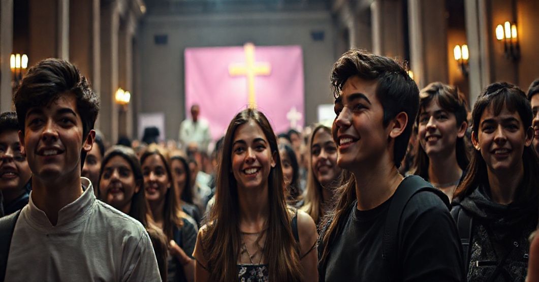 Młody ludzie durante wydarzenie w Rzymie bez widocznych elementów tradycyjnych katolickich obrzędów