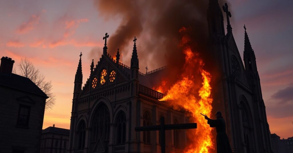 Realistyczny widok gotyckiej bazyliki św. Mikołaja w Saint-Nicolas-de-Port w płomieniach, z pobożnym parafianinem gaszącym pożar.