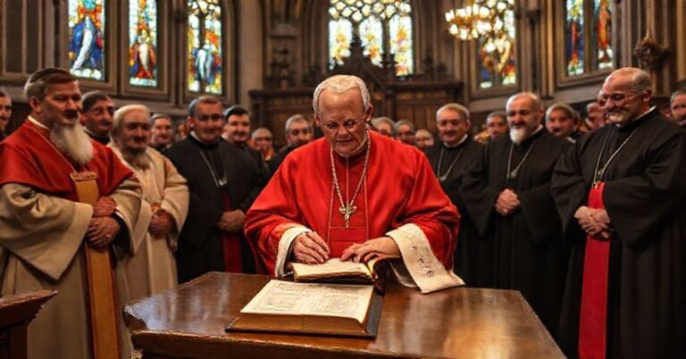 Tradycyjny katolicki biskup w posłudnym ornaty podpisuje ekumeniczną kartę w kościele. Wokół niego stoją moderniści i heretycy z aprobaty. Scena symbolizuje zdradę wiary przez neo-kościół.