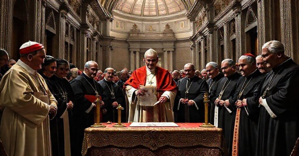 Watykański sal w Rzymie podczas podpisywania nowej Karty Ekumenicznej przez fałszywego papieża i modernistycznych prelatów