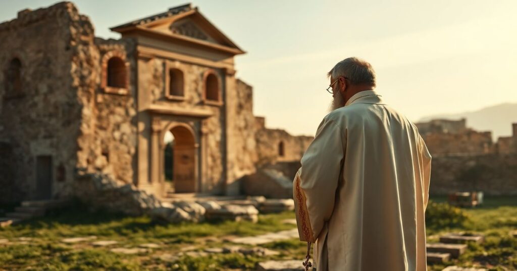 Obrzyki starożytnej Hippony z tradycyjnym katoliczym kapłanem modlącym się na pierwszym planie; w tle rozmyty postac uzurpatora; scenografia kontrastu między wiarą a nowoczesną apostazją.