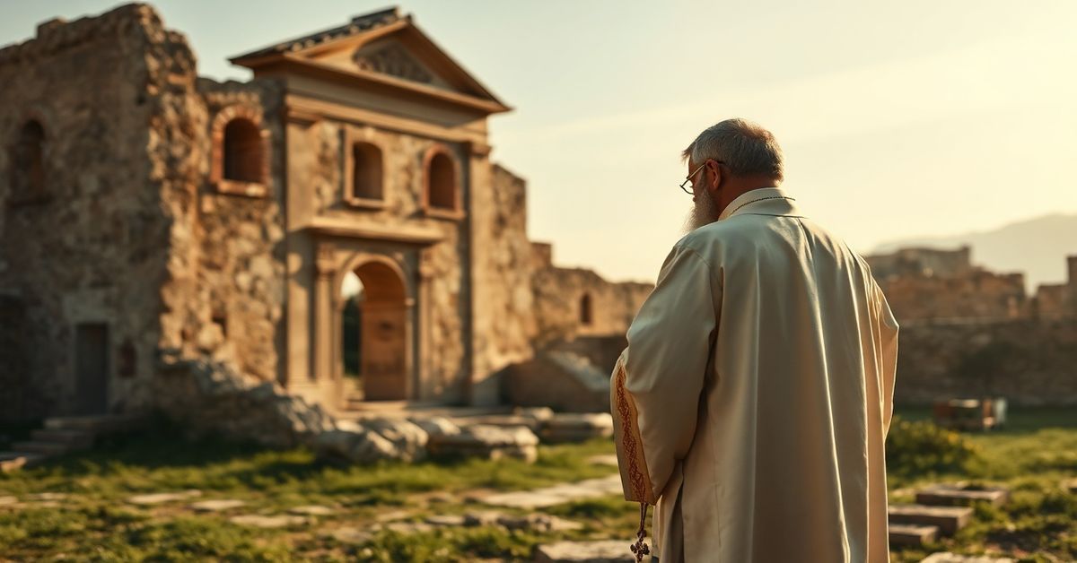 Obrzyki starożytnej Hippony z tradycyjnym katoliczym kapłanem modlącym się na pierwszym planie; w tle rozmyty postac uzurpatora; scenografia kontrastu między wiarą a nowoczesną apostazją.