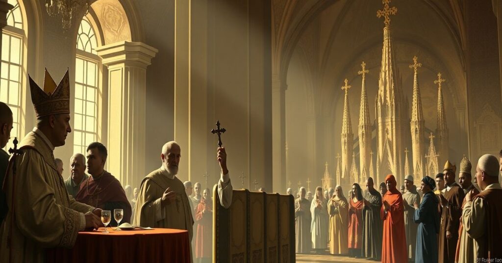 Obraz przedstawiający fałszywe pielgrzymki Leona XIV w Monako, Algierii i Barcelonie z Sagrady Familia, krytykujące jego modernistyczny ekumenizm i światowy aktywizm.