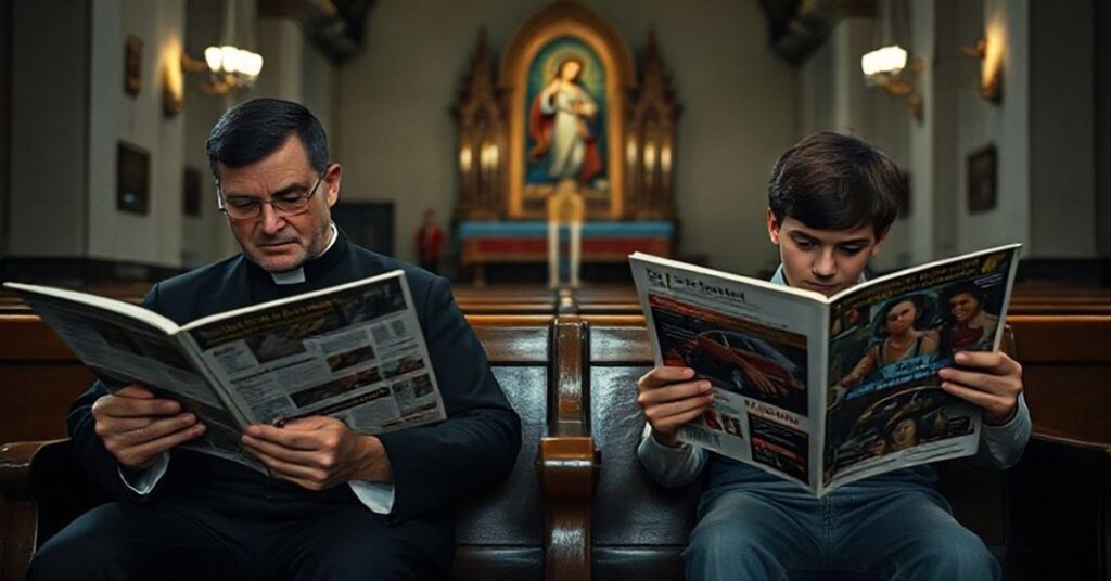 Wnętrze kościoła katolickiego z dwoma braćmi symbolizującymi podział polityczny i duchowy w Katolickim Kościele