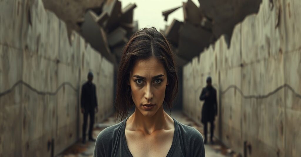 Realistyczne przedstawienie podzielonych Stanów Zjednoczonych z pękniętymi murami jako symbol rozłamu prawdy i społeczeństwa. Catherine Lacey z melancholicznym wyrazem twarzy stoi na pierwszym planie, odzwierciedlając relatywny pesymizm. W tle widoczne są cienie instytucji jak małżeństwo i władza. Obraz jest w przygaszonych kolorach.