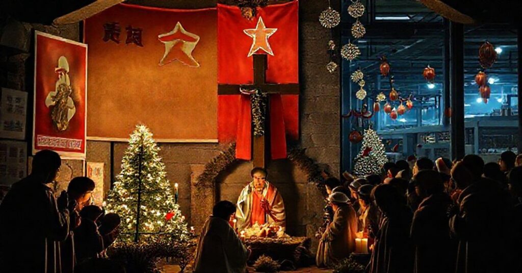 Tradycyjna katolicka scenka Bożego Narodzenia w Chińskiej podziemnej kaplicy z wiernymi modlącymi się przy ciemnym świetle świec i lamp olejowych.