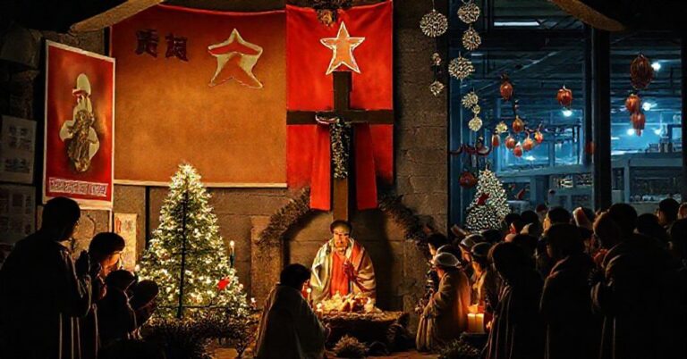 Tradycyjna katolicka scenka Bożego Narodzenia w Chińskiej podziemnej kaplicy z wiernymi modlącymi się przy ciemnym świetle świec i lamp olejowych.