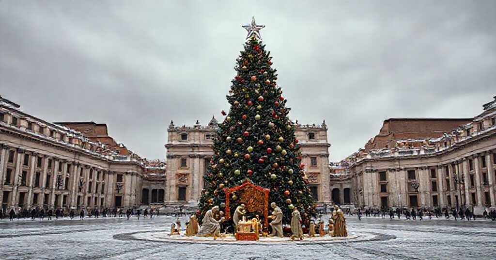 Melancholiczne widok Placu Św. Piotra z niegodziwą choinką i technokratyczną szopką bożonarodzeniową symbolizującą posoborową herezję