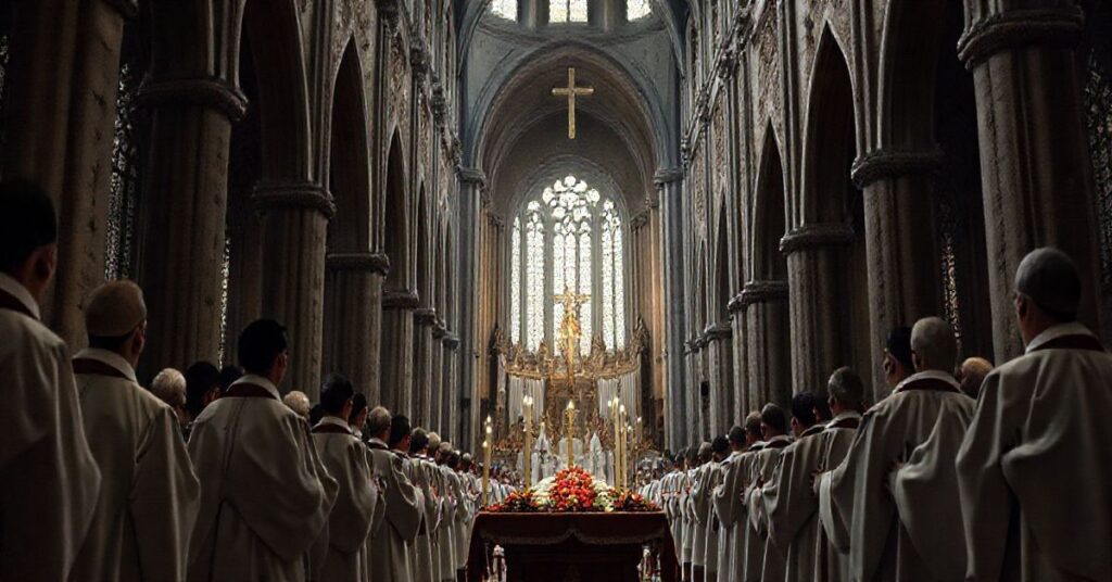 Realistyczny obraz katolickiego pogrzebu w katedrze wawelskiej, ukazujący duchową powagę i tradycyjną liturgię, odzwierciedlający krytykę modernistycznych praktyk w Kościele