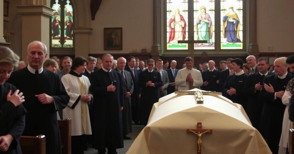 Pogrzeb aktorki Catherine O'Hary w tradycyjnym katolickim kościele, z procesją księdza i złożonym trumną z krzyżem