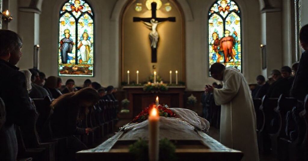 Sobótka cicha i medytacyjna przedstawiająca pogrzeb siedmioletniej Amelii w tradycyjnym kościele katolickim po rosyjskim ataku na Tarnopol.