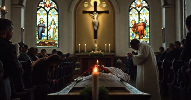 Sobótka cicha i medytacyjna przedstawiająca pogrzeb siedmioletniej Amelii w tradycyjnym kościele katolickim po rosyjskim ataku na Tarnopol.