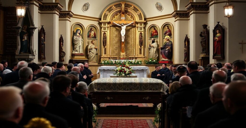 Tradycyjny katolicki pogrzeb Andrzeja Olechowskiego w kościele z ikonografią sakralną.