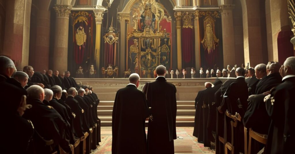 Sobótka pogrzebowa w neogotyckim kościele z trumną Angelo Gugela otoczoną duchownymi w nowoczesnych ornatach i "kardynałem" Parolinem trzymającym list od "papieża" Leona XIV.