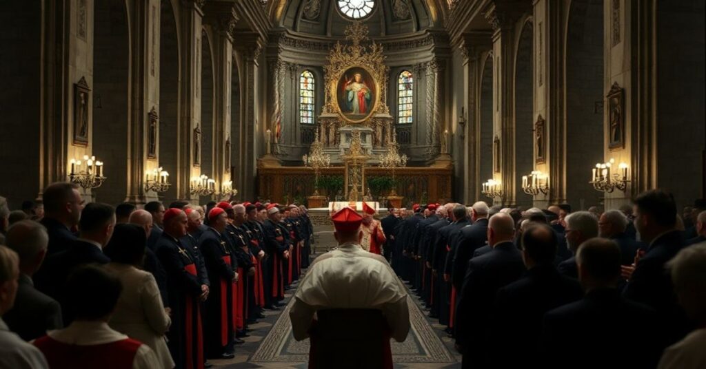 Scena pogrzebowa w kościele Matki Bożej Boleściwej w Rzymie dla Angelo Gugela, kamerdynera trzech antypapieży.