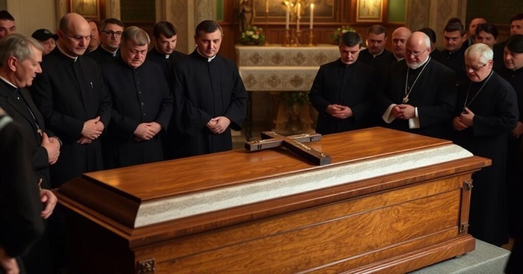 Scena pogrzebowa katolicka z trumną Angelo Gugela otoczoną tradycyjnymi żałobnikami. W tle widoczne symbole modernistycznej herezji.