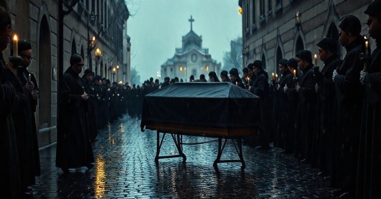 Pogrzeb tradycyjny katolicki z trumną przykrytą czarnym baldachimem, otoczony przez kapłanów w sutannach i biretach, w deszczowej, ciemnej uliczce kamienicy. W tle widoczna nowoczesna, pozbawiona sakralności struktura, symbolizująca apostazję