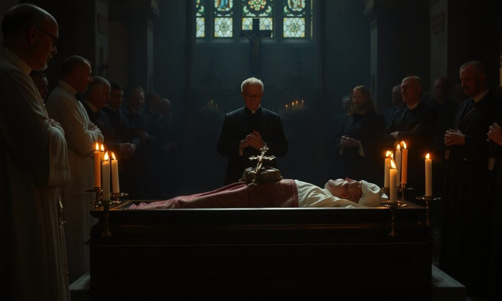 Bp. Janusz Stepnowski i zmarły arcybiskup Józef Michalik na pogrzebie w tradycyjnym kościele katolickim.