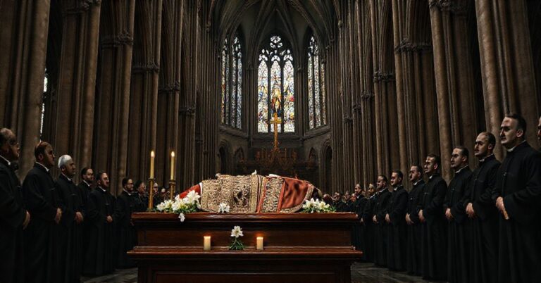Realistyczne zdjęcie pogrzebu starszego biskupa w tradycyjnym stroju, w wnętrzu gotyckiego kościoła, ukazujące żałobę i kryzys hierarchii kościelnej po Soborze Watykańskim II
