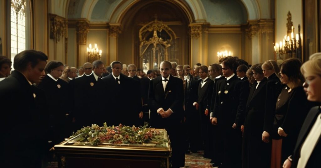 Scena pogrzebowa w Saint-Tropez z trumną Brigitte Bardot przy profanicznej muzyce filmowej zamiast chorału gregoriańskiego.