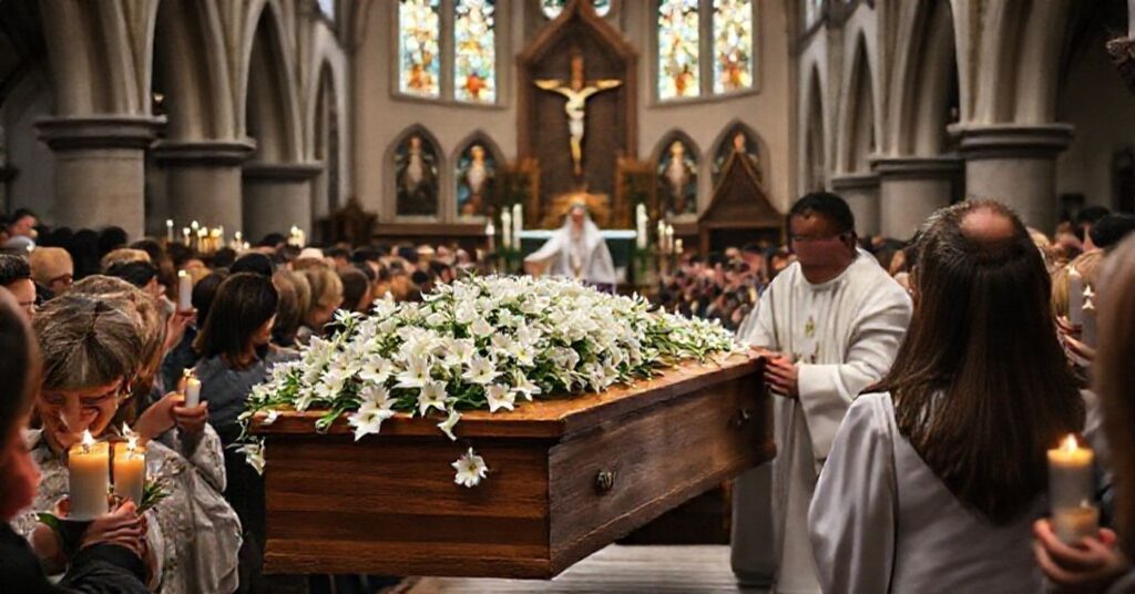 Procesja pogrzebowa 11-letniej Danusi w Jeleniej Górze z modlącymi się uczestnikami i kapłanem w pełnym ornamentach liturgicznych