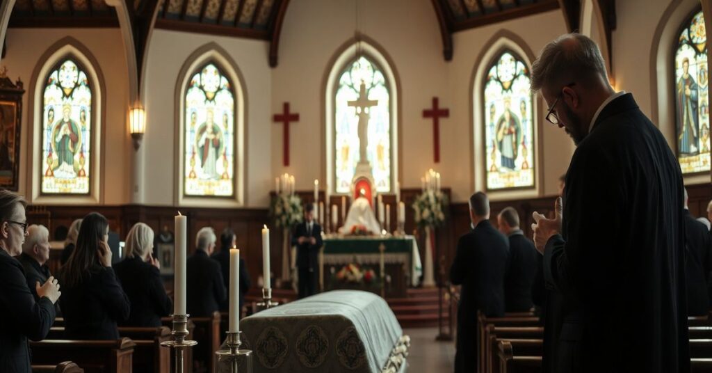 Pogrzeb diakona Johna Zaka w tradycyjnym kościele katolickim z proboszczem Johnem Broheimerem i modlącymi się parafianami