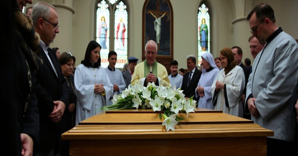 Pogrzeb 43 dzieci martwo urodzonych w Krakowie w 2026 roku, z księdzem Januszem Kościelniakiem prowadzącym ceremonię w tradycyjnym kościele katolickim.