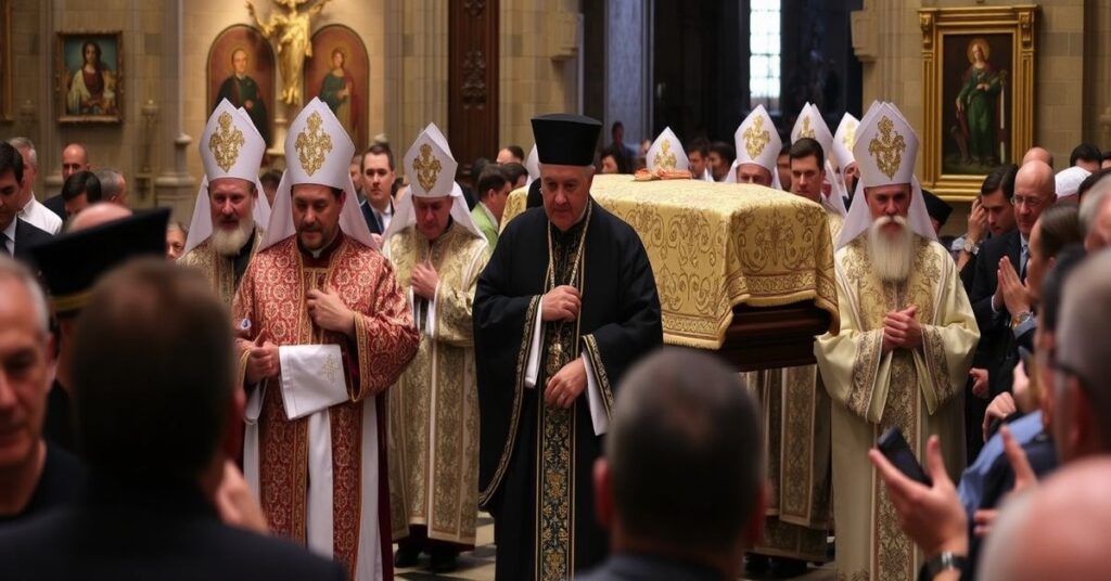 Uroczysty pogrzeb prawosławnego patriarchy Eliasza II w Tbilisi. Procesja z trumną w katedrze przed farą katolicką z symbolami schizmy.