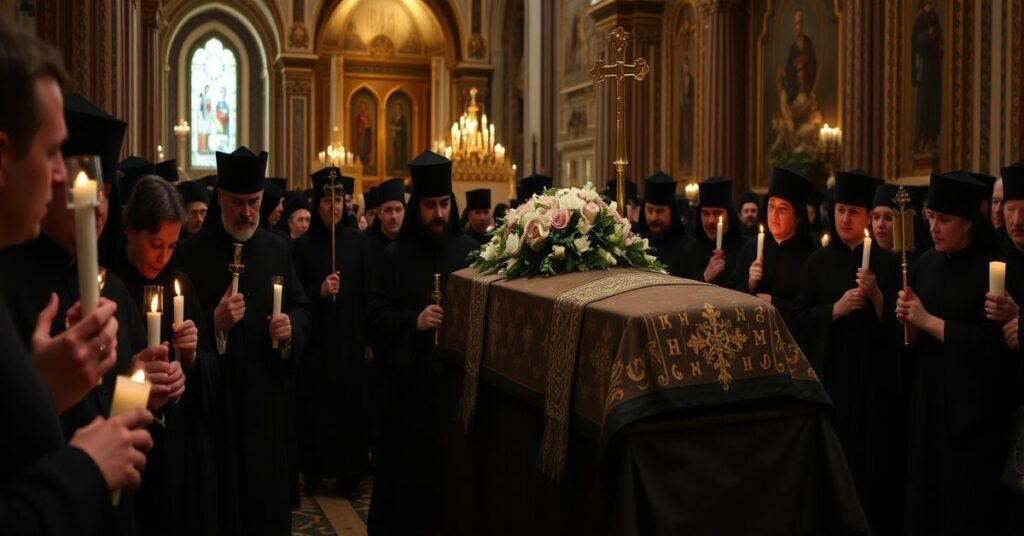 Pogrzeb Eliasza II, zwierzchnika Gruzińskiego Kościoła Prawosławnego - tradycyjna katolicka scenografia z procesją żałobną i cerkiewnymi symbolami.