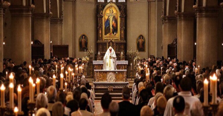 Tradycyjna katolicka pogrzeb z duchownym w szatach liturgicznych modlącym się za duszę zmarłej Elżbiety Pendereckiej, otoczony modlącym się tłumem w kościele.