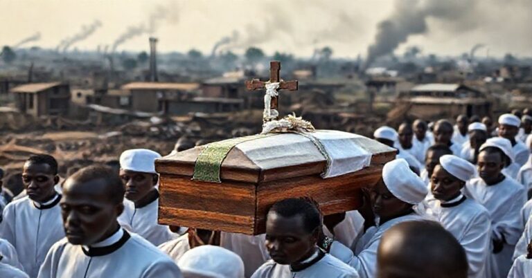 Pogrzeb młodzieńczego seminarzysty Emmanuela Alabiego w Nigerii, z procesją kleryków w białych sukmannach, na tle zniszczonej wioski i dymu z budynków.