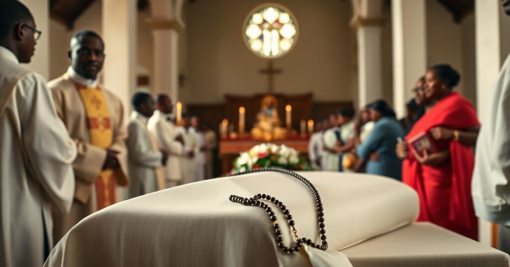 Msza pogrzebowa w kenijskim kościele katolickim dla 15-letniej Fortune Amaya Losike, która zginęła ratując koleżanki w pożarze internatu. Katolik tradycjonalistyczny kontekst sakramentalny.