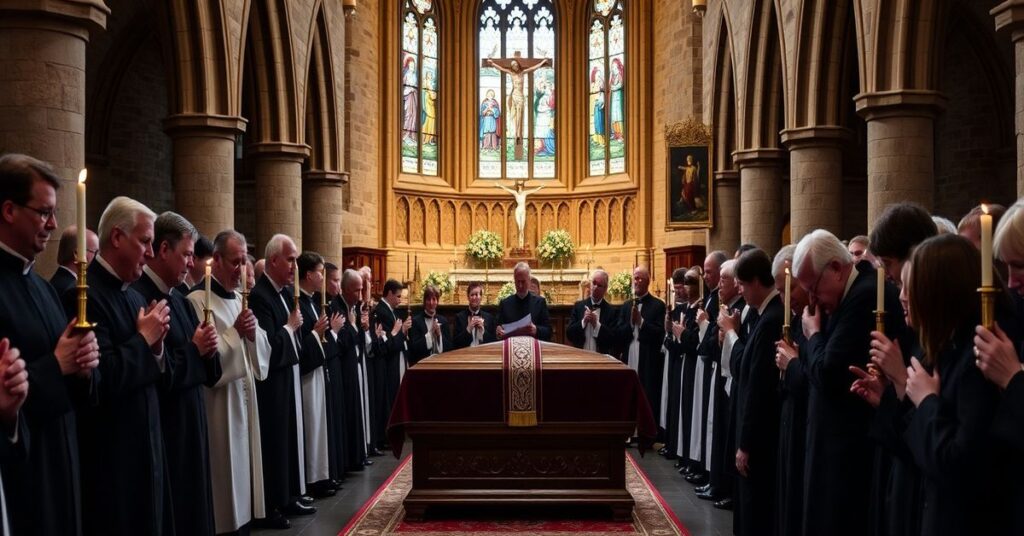 Scena pogrzebowa w tradycyjnym kościele katolickim z trumną Jacka Scarisbricka otoczoną kapłanami w ornamentach i wiernymi w modlitwie.