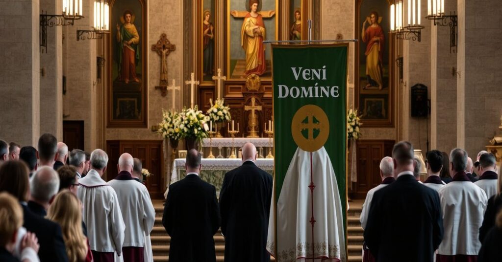 Scena pogrzebowa w olsztyńskiej katedrze "biskupa" Juliana Wojtkowskiego z modernistycznymi elementami i nieprawdziwym duchowieństwem.