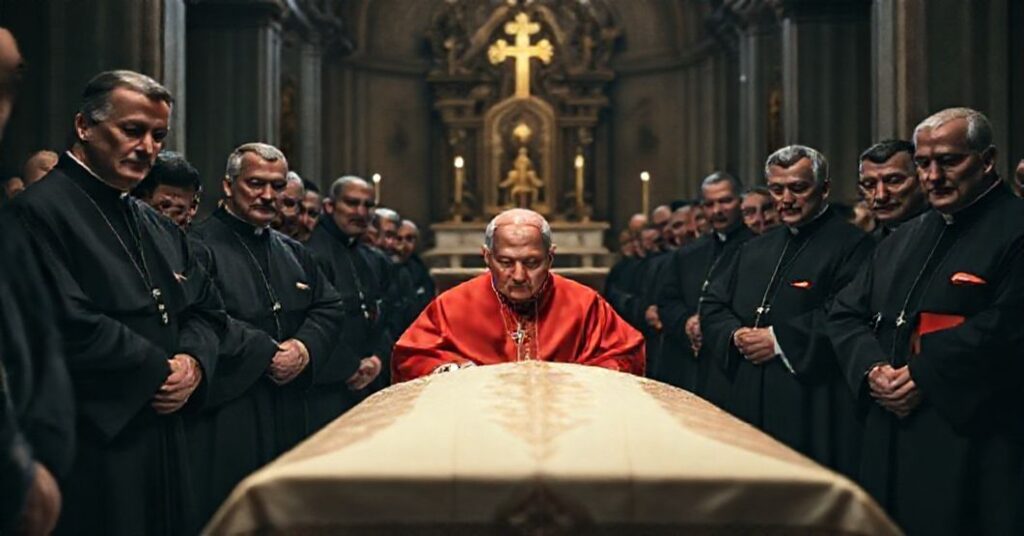 Tradycyjny katolicyizm - pogrzeb „kardynała” Edoardo Menichellego w tradycyjnym kościele. Scena pokazuje grono kapłanów w sutannach i surpelach, bez nowoczesnych symboli.