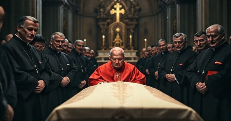 Tradycyjny katolicyizm - pogrzeb „kardynała” Edoardo Menichellego w tradycyjnym kościele. Scena pokazuje grono kapłanów w sutannach i surpelach, bez nowoczesnych symboli.