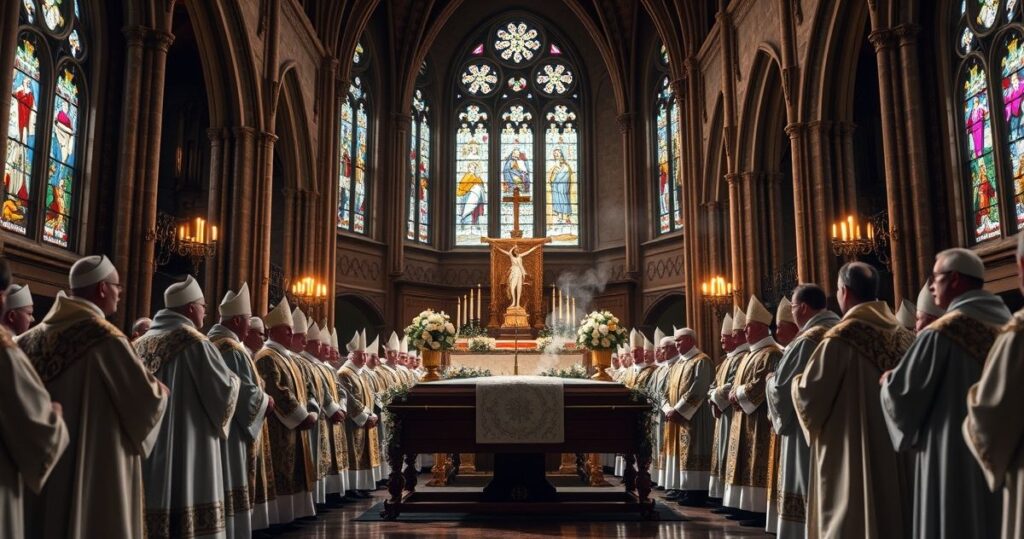 Realistyczne zdjęcie pogrzebu katolickiego biskupa w tradycyjnej liturgii, symbolizujące wierność doktrynie i autentyczną sukcesję apostolską