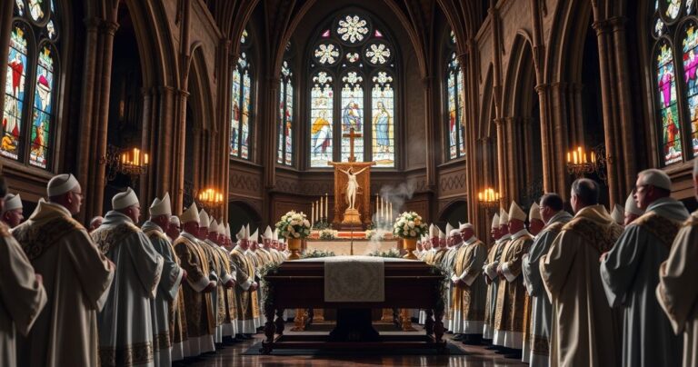 Realistyczne zdjęcie pogrzebu katolickiego biskupa w tradycyjnej liturgii, symbolizujące wierność doktrynie i autentyczną sukcesję apostolską