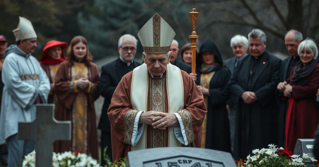 Realistyczne zdjęcie pogrzebu katolickiego duchownego w tradycyjnym stroju liturgicznym, z szacunkiem i powagą, ukazujące powagę i wierność tradycyjnej katolickiej ceremonii pogrzebowej
