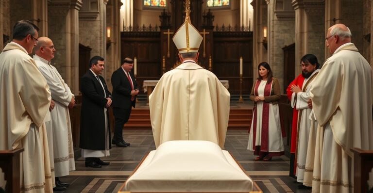 Realistyczne zdjęcie pogrzebu katolickiego biskupa w tradycyjnej liturgii, z powagą i szacunkiem, ukazujące duchową atmosferę i katolicką refleksję nad zbawieniem
