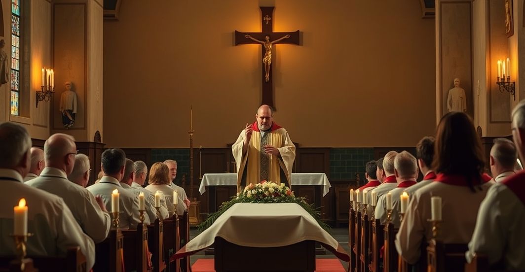 Smutny katolicki pogrzeb charlie kirka - krytyka idolatrii i sekularyzmu Smutny katolicki pogrzeb z kapłanem, świecami i krzyżem, wyraz żałoby i pokory, krytyka kultu świeckich influencerów zamiast Boga