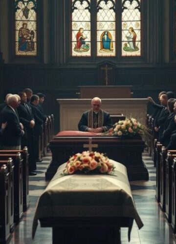 Realistyczne zdjęcie pogrzebu katolickiego hierarchii, ukazujące tradycyjną liturgię z kapłanem, trumną i wiernymi, symbolizujące krytykę modernistycznej hierarchii i odejście od prawdziwej wiary.